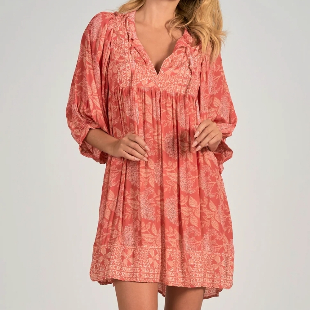 Elan Boho Floral Balloon Sleeve Mini Dress Size M Lightweight Beach Breezy - Picture 2 of 11